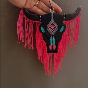 Boho Bull Skull Wall Hanging with Pink Fringe